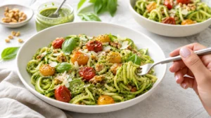 Zucchini noodle bowl with walnut pesto, roasted cherry tomatoes, parmesan, and fresh basil — quick healthy recipe.