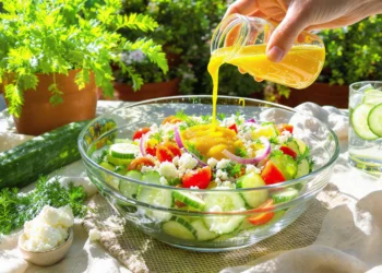 Refreshing easy cucumber summer salad with fresh herbs and a light, tangy dressing.