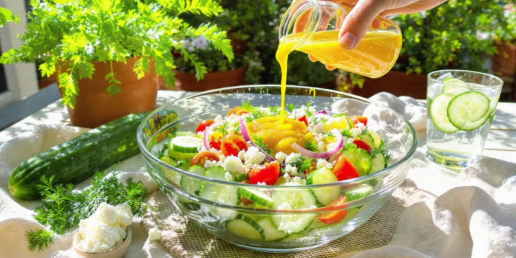 Refreshing easy cucumber summer salad with fresh herbs and a light, tangy dressing.