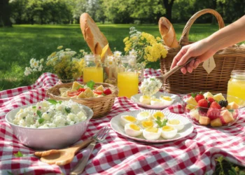 Easy picnic side dishes with pasta salad, fresh fruit, and veggie platters for outdoor meals.