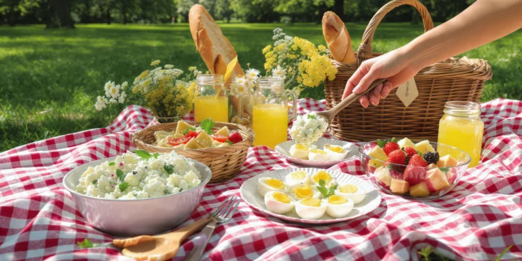 Easy picnic side dishes with pasta salad, fresh fruit, and veggie platters for outdoor meals.