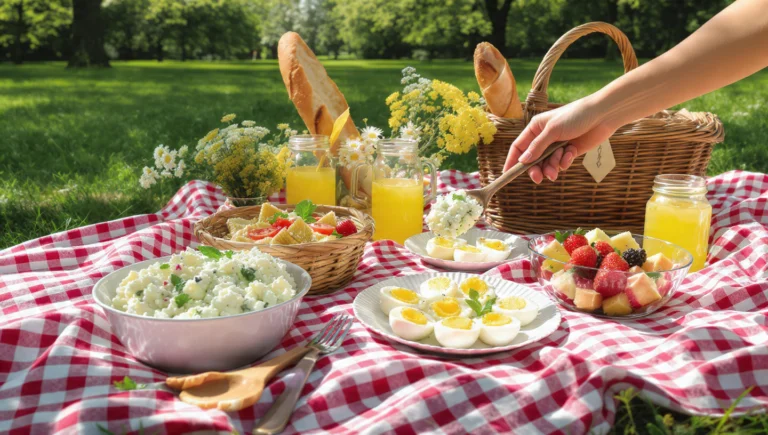 Easy picnic side dishes with pasta salad, fresh fruit, and veggie platters for outdoor meals.