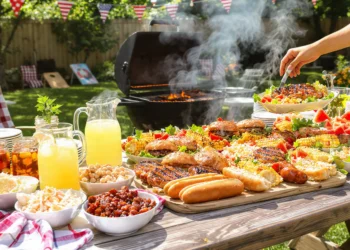 Summer cookout menu with grilled meats, fresh salads, corn on the cob, and refreshing side dishes
