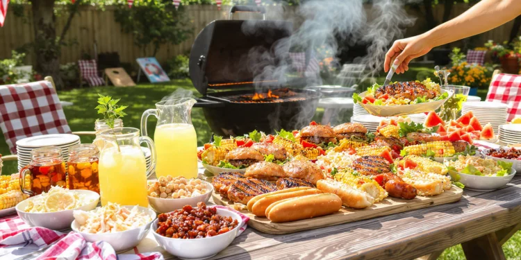 Summer cookout menu with grilled meats, fresh salads, corn on the cob, and refreshing side dishes