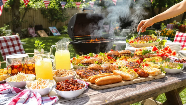 Summer cookout menu with grilled meats, fresh salads, corn on the cob, and refreshing side dishes
