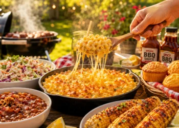 Easy summer BBQ side dishes including corn, coleslaw, and pasta salad on a picnic table
