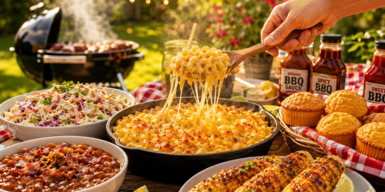 Easy summer BBQ side dishes including corn, coleslaw, and pasta salad on a picnic table