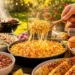 Easy summer BBQ side dishes including corn, coleslaw, and pasta salad on a picnic table