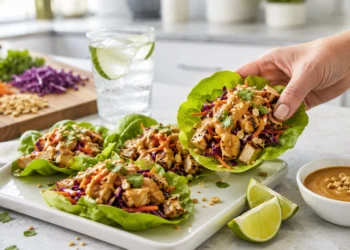 Grilled chicken lettuce wraps on a neutral surface, shown at a 45-degree angle.