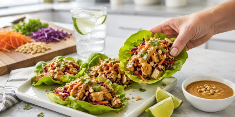 Grilled chicken lettuce wraps on a neutral surface, shown at a 45-degree angle.