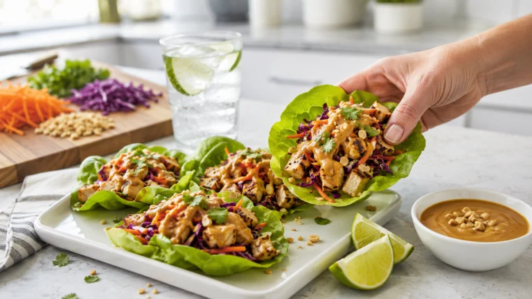 Grilled chicken lettuce wraps on a neutral surface, shown at a 45-degree angle.