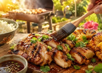 Grilled pineapple chicken with caramelized pineapple rings, soy marinade, and scallions — easy summer BBQ recipe
