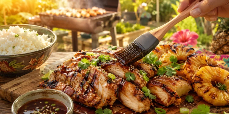 Grilled pineapple chicken with caramelized pineapple rings, soy marinade, and scallions — easy summer BBQ recipe