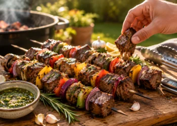Grilled steak kabobs with peppers and onions, juicy and charred for a flavorful BBQ recipe.