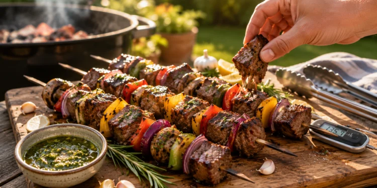 Grilled steak kabobs with peppers and onions, juicy and charred for a flavorful BBQ recipe.