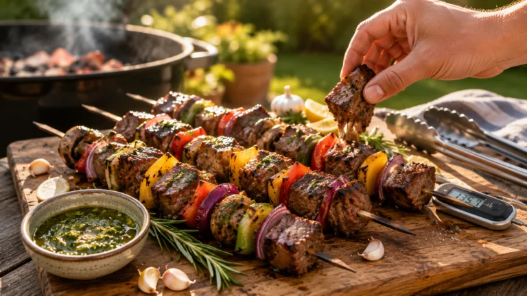 Grilled steak kabobs with peppers and onions, juicy and charred for a flavorful BBQ recipe.