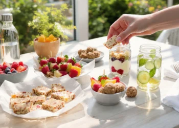 Healthy summer snacks with fresh fruit, yogurt, nuts, and light bites on a bright table