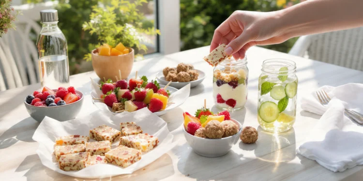 Healthy summer snacks with fresh fruit, yogurt, nuts, and light bites on a bright table