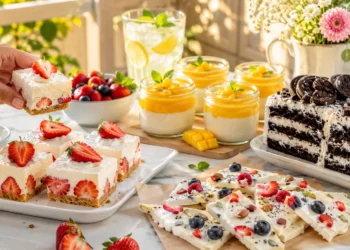 No bake summer desserts with cheesecake, fruit tarts, and chocolate mousse on a white marble surface