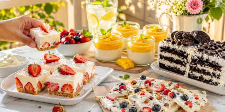 No bake summer desserts with cheesecake, fruit tarts, and chocolate mousse on a white marble surface