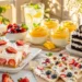No bake summer desserts with cheesecake, fruit tarts, and chocolate mousse on a white marble surface