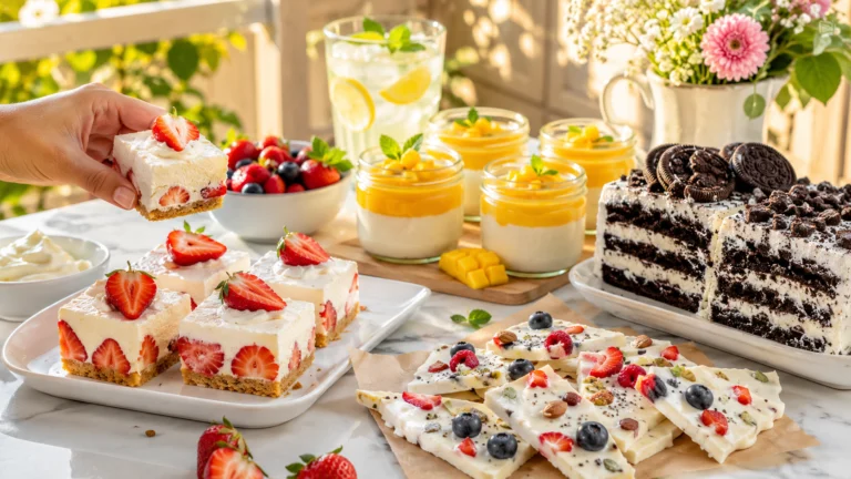 No bake summer desserts with cheesecake, fruit tarts, and chocolate mousse on a white marble surface