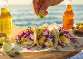 Grilled fish tacos with cabbage slaw, avocado slices, and lime on soft tortillas