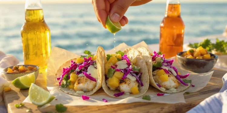 Grilled fish tacos with cabbage slaw, avocado slices, and lime on soft tortillas