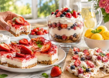 Quick summer dessert recipes with fruit parfaits, no-bake treats, and chilled sweets on display.