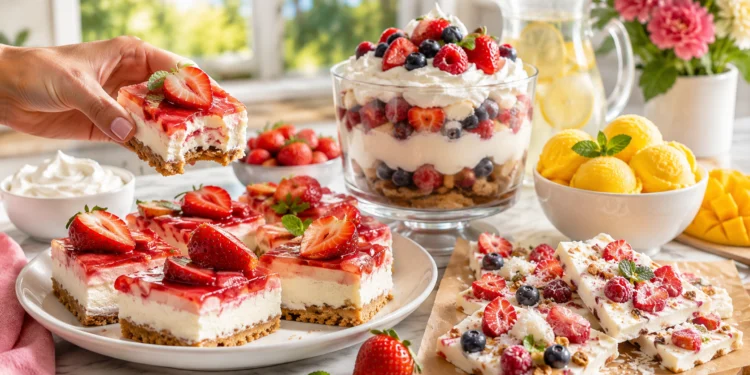 Quick summer dessert recipes with fruit parfaits, no-bake treats, and chilled sweets on display.