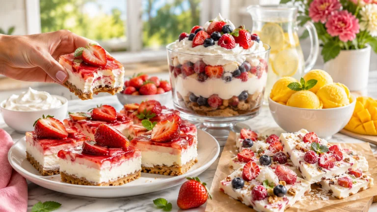 Quick summer dessert recipes with fruit parfaits, no-bake treats, and chilled sweets on display.