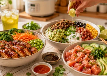 Quick summer rice bowls with avocado, grilled corn, black beans, and cilantro-lime dressing — easy meal