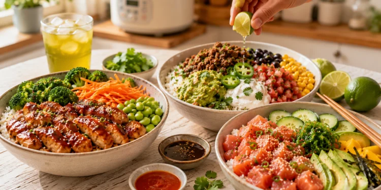 Quick summer rice bowls with avocado, grilled corn, black beans, and cilantro-lime dressing — easy meal