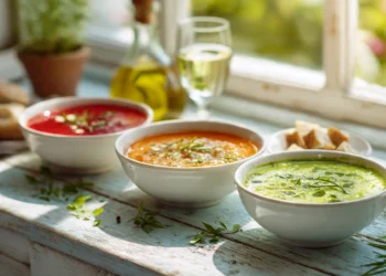 Quick summer soups with fresh vegetables, chilled and light broths served in bowls