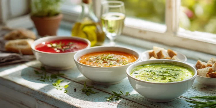Quick summer soups with fresh vegetables, chilled and light broths served in bowls
