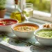 Quick summer soups with fresh vegetables, chilled and light broths served in bowls