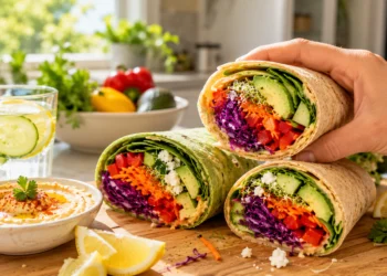 Quick Summer Veggie Wraps filled with crisp romaine lettuce, creamy avocado slices, shredded carrots, red bell pepper strips, cucumber, and a generous spread of hummus, all wrapped in a soft whole-wheat tortilla