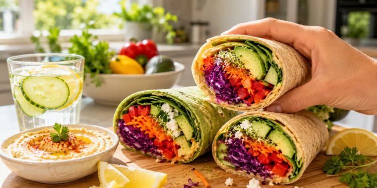 Quick Summer Veggie Wraps filled with crisp romaine lettuce, creamy avocado slices, shredded carrots, red bell pepper strips, cucumber, and a generous spread of hummus, all wrapped in a soft whole-wheat tortilla