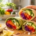 Quick Summer Veggie Wraps filled with crisp romaine lettuce, creamy avocado slices, shredded carrots, red bell pepper strips, cucumber, and a generous spread of hummus, all wrapped in a soft whole-wheat tortilla