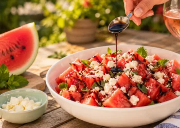Watermelon feta salad with mint and olive oil, a quick refreshing summer side dish