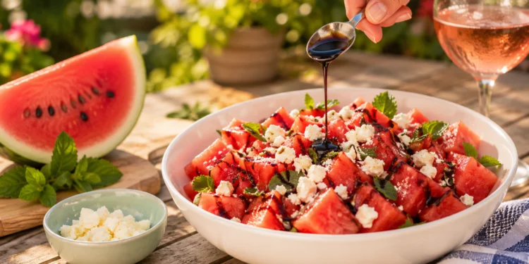 Watermelon feta salad with mint and olive oil, a quick refreshing summer side dish