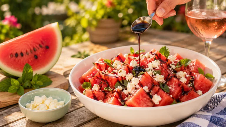 Watermelon feta salad with mint and olive oil, a quick refreshing summer side dish