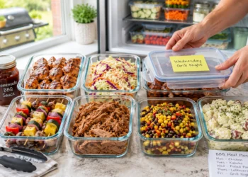 Summer BBQ meal prep ideas featuring grilled chicken skewers, sweet corn, and veggies in glass containers.