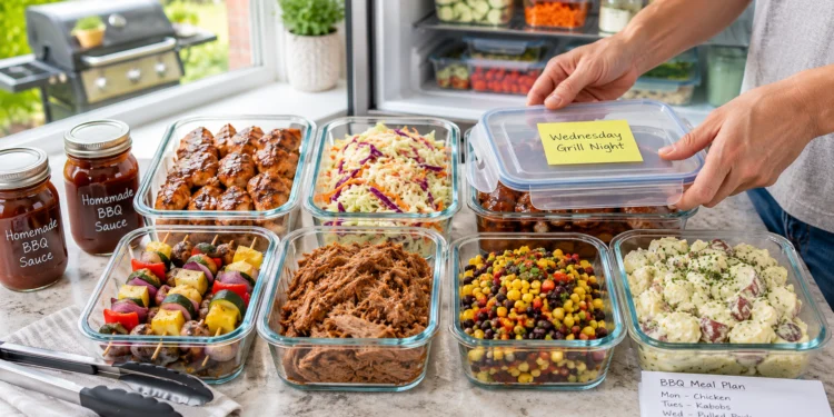 Summer BBQ meal prep ideas featuring grilled chicken skewers, sweet corn, and veggies in glass containers.