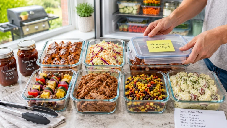 Summer BBQ meal prep ideas featuring grilled chicken skewers, sweet corn, and veggies in glass containers.