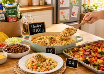 Budget-friendly summer dinner ideas with grilled chicken, rice, and fresh vegetables on a rustic table