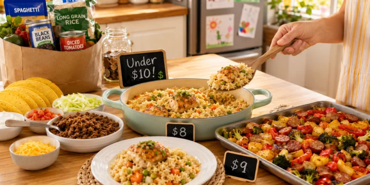 Budget-friendly summer dinner ideas with grilled chicken, rice, and fresh vegetables on a rustic table