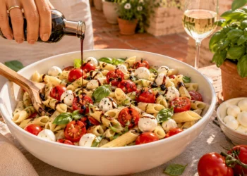 Caprese pasta salad with mozzarella, cherry tomatoes, basil in bowl