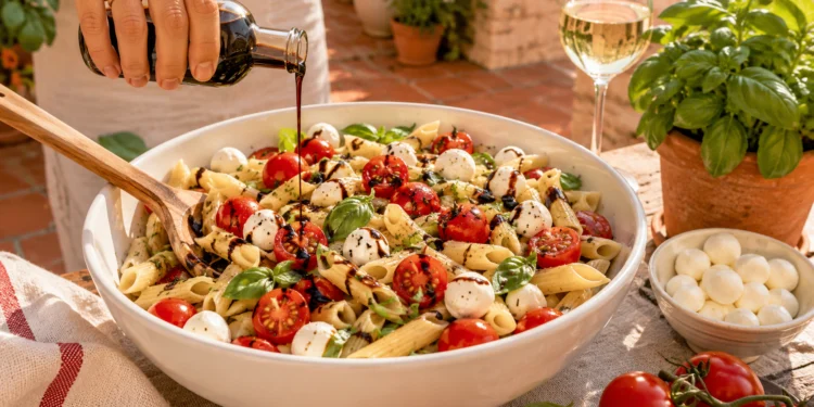 Caprese pasta salad with mozzarella, cherry tomatoes, basil in bowl