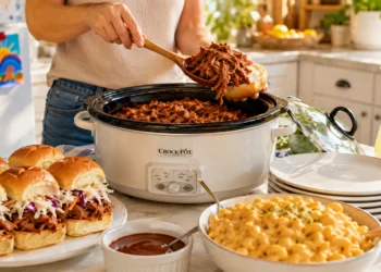 Summer crockpot family meal with fresh vegetables and herbs in a slow cooker